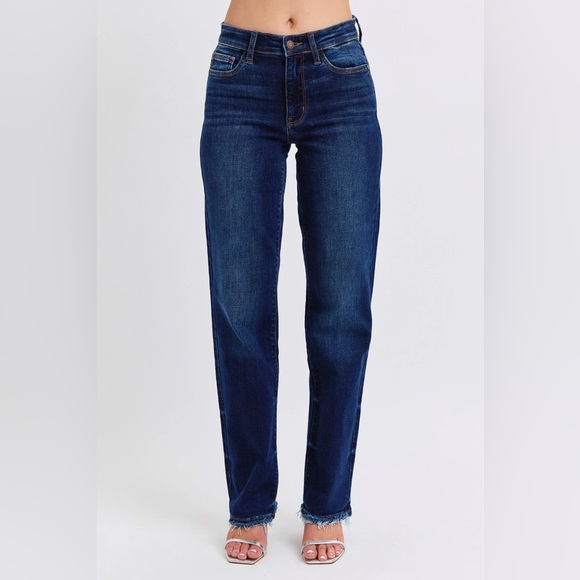 Judy Blue Denim - Judy Blue Straight Fit Jeans 15/32 Dark Blue Raw Frayed Hem High Rise